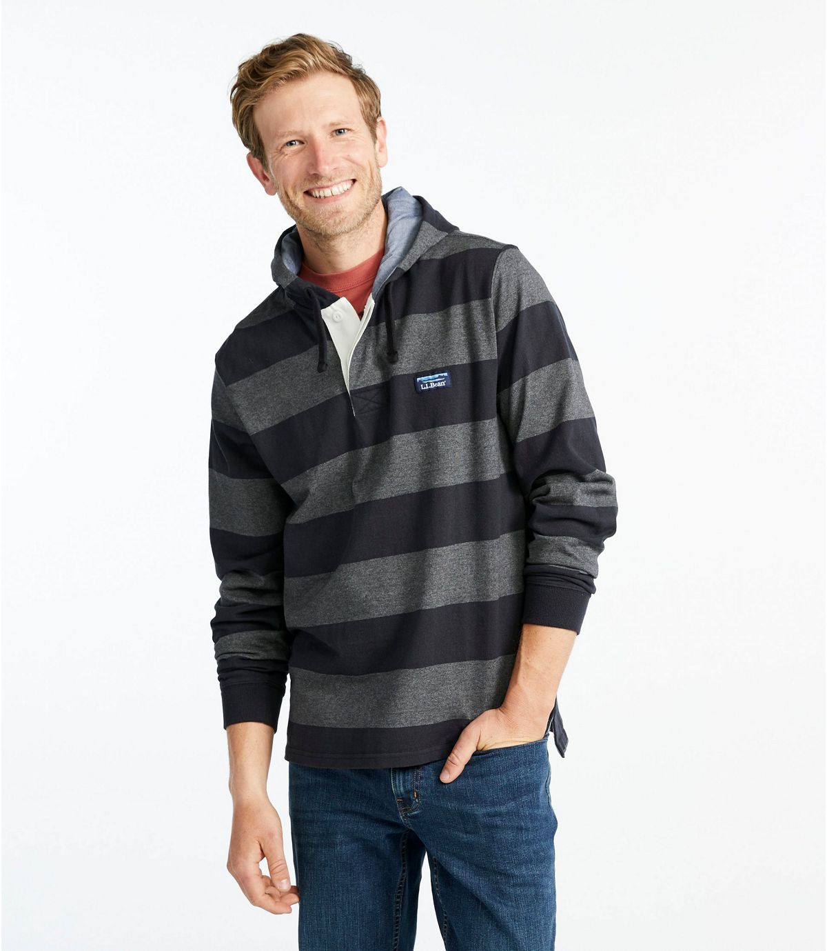 L.L.Bean Men's Lakewashed® Rugby, Traditional Fit Long-Sleeve Hoodie Stripe