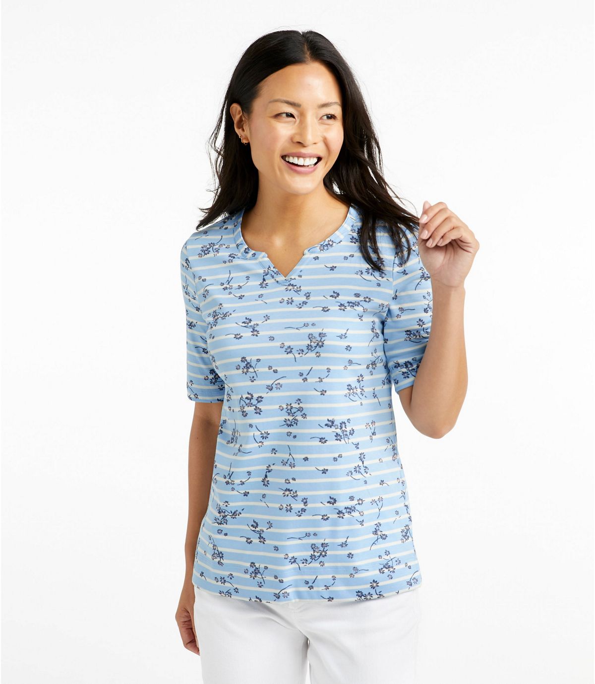 L.L.Bean Women's Pima Cotton Tee, Notch-Neck Elbow-Sleeve Tunic Print
