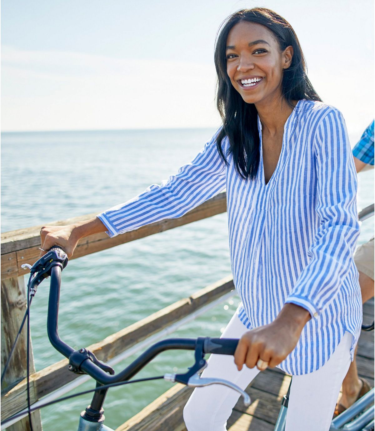 L.L.Bean Women's Premium Washable Linen Shirt, Splitneck Tunic Long-Sleeve Stripe