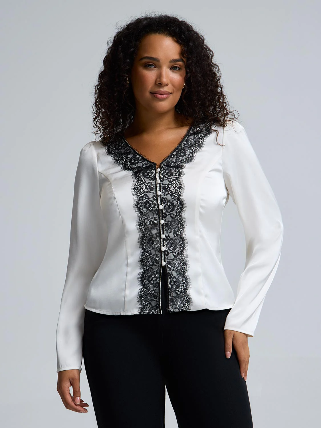 Satin-Like Lace V-Neck Blouse