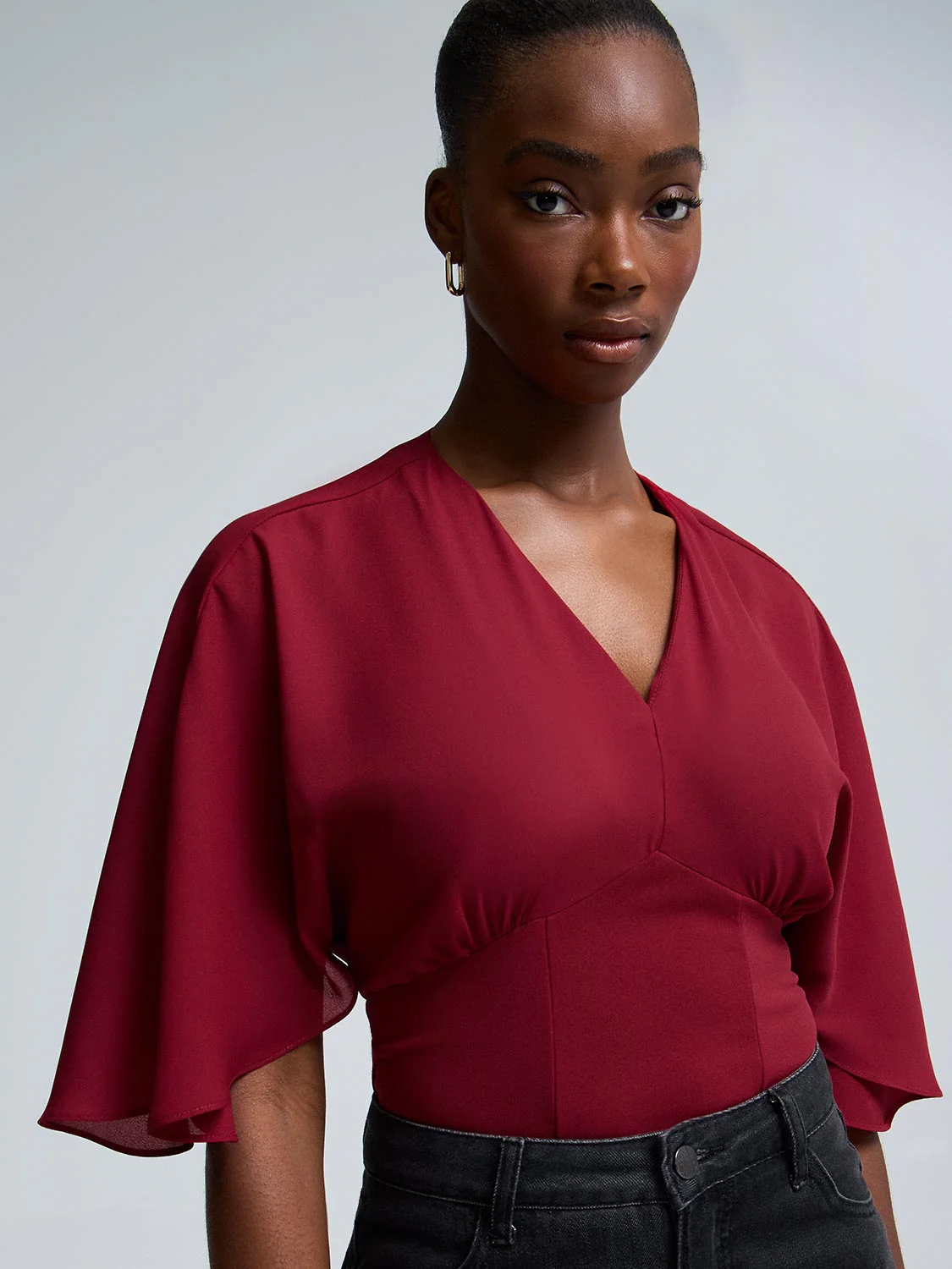 Embellished V-Neck Dolman Sleeve Chiffon Top