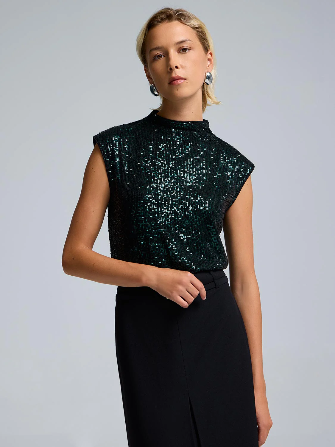 Sequin Mesh Funnel Neck Top