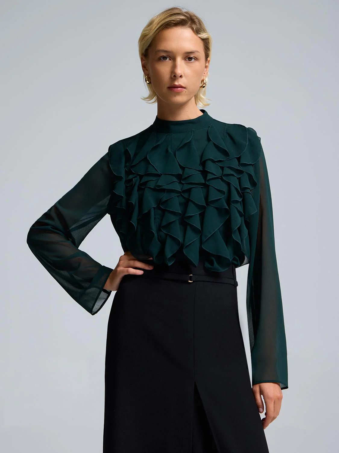 Mini Mock Neck Ruffle Chiffon Blouse