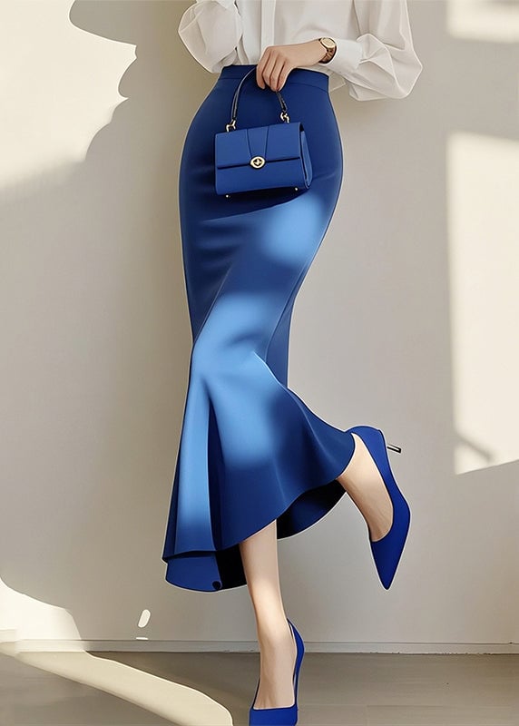 New Blue Solid High Waist Cotton Fishtail Skirt Spring
