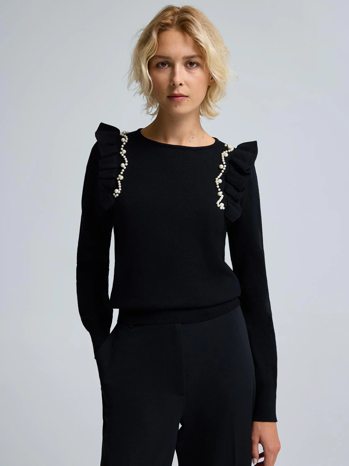 Pearl Embellished Ruffle Sweater