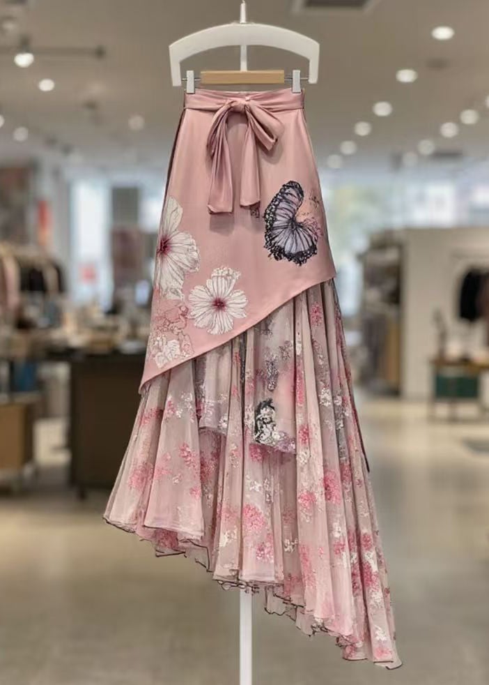 Beautiful Pink Print Lace Up Patchwork Chiffon Skirts Summer