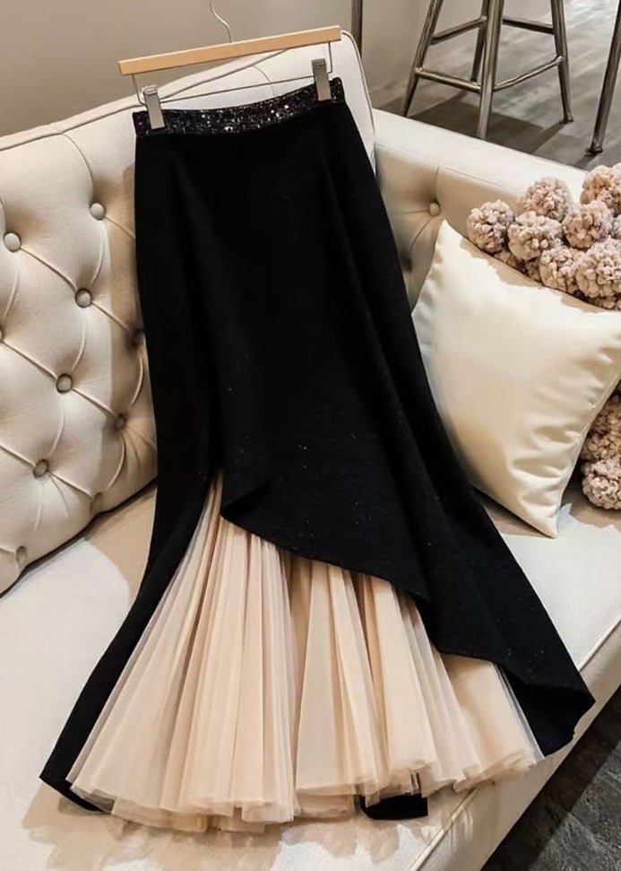 Elegant Black Original Design Chiffon Patchwork Skirts Spring