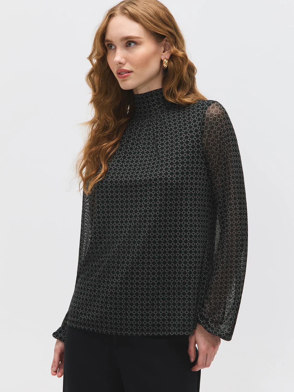 Geo Print Mesh Mock Neck Top