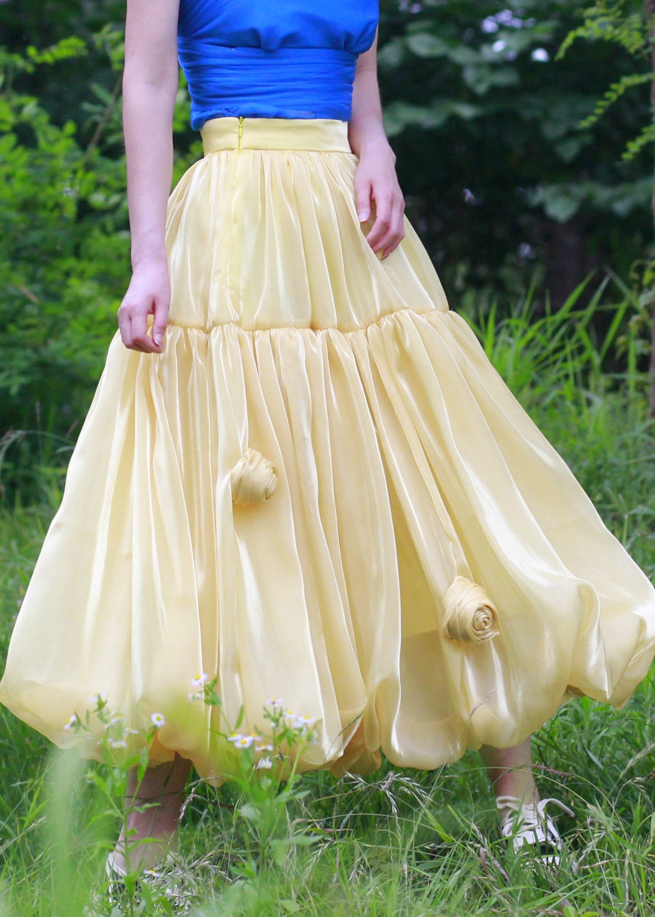 Yellow Zippered Solid Silk Skirts High Waist Summer