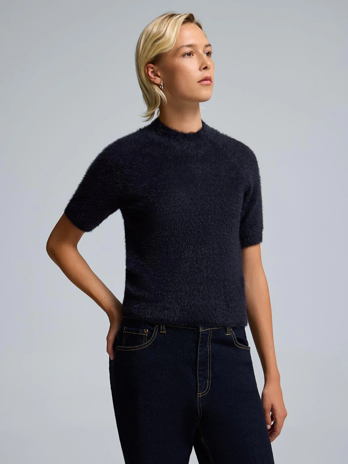 Fuzzy Mock Neck Short Sleeve Sweater