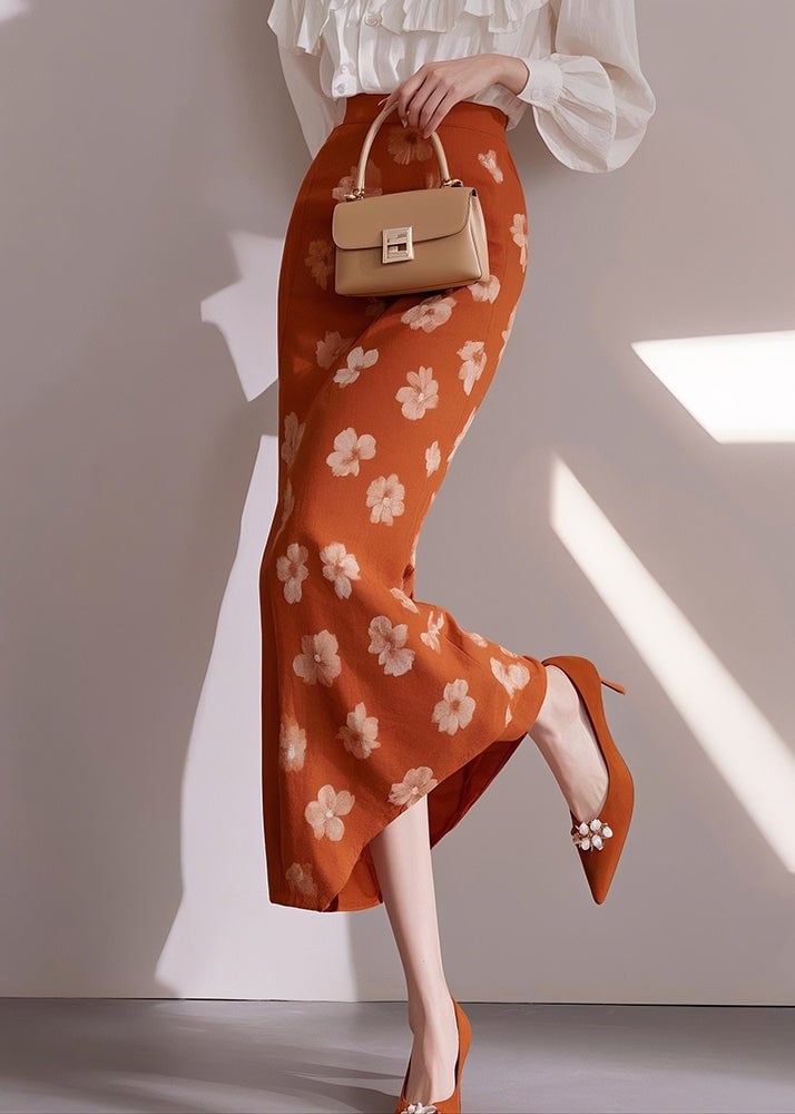 Slim Fit Orange Print High Waist Cotton Skirts Summer