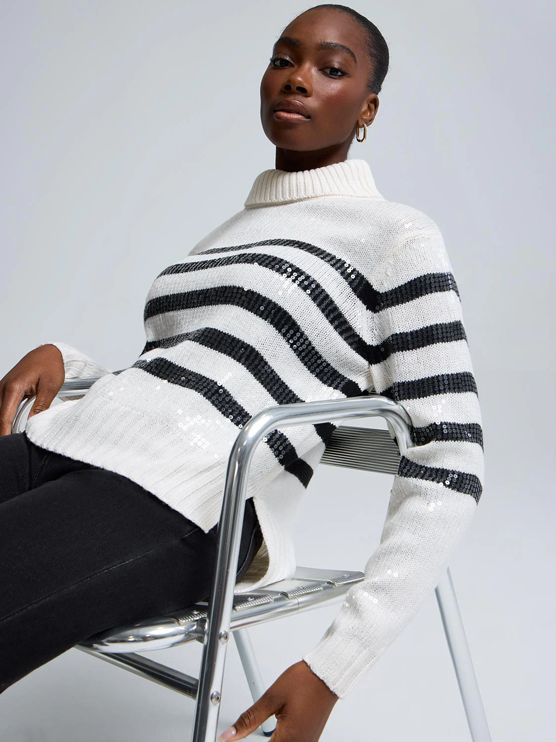 Sequin Striped Turtleneck Sweater
