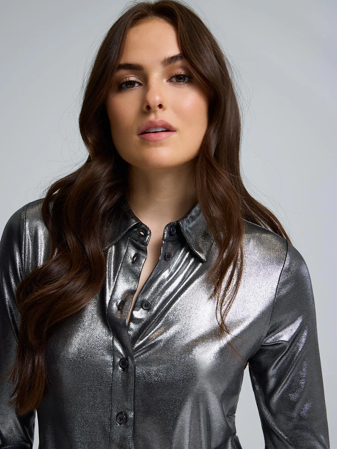 Metallic Foil Button-Front Blouse