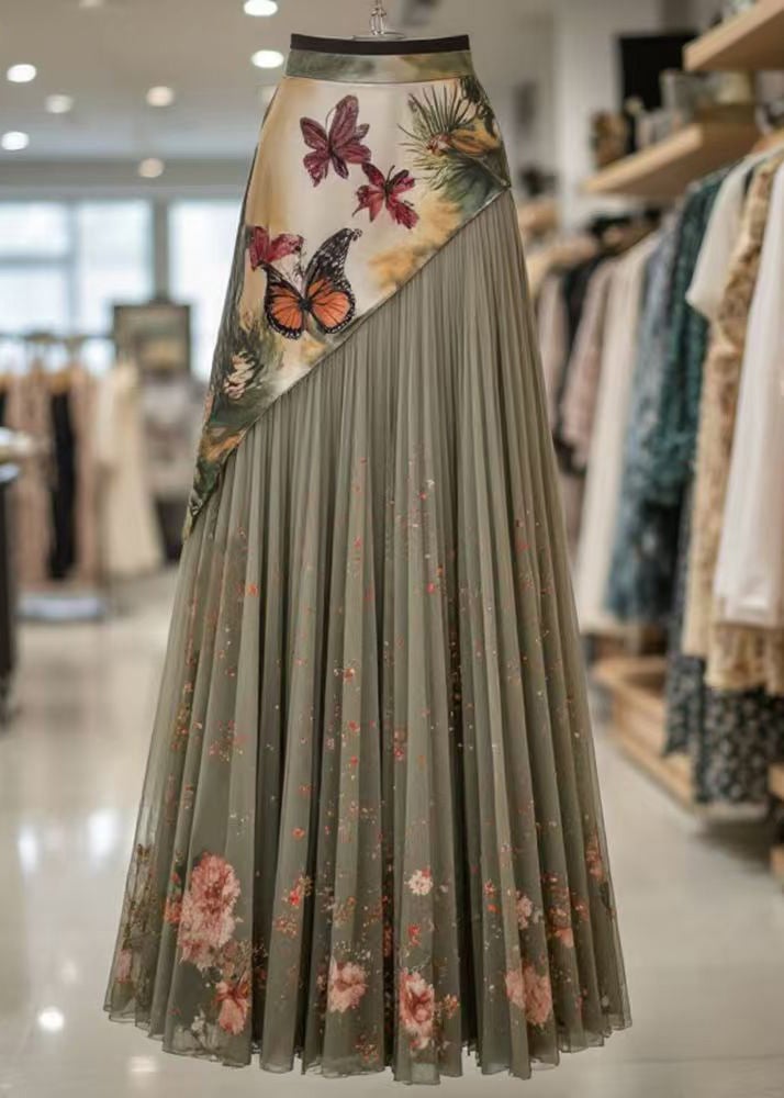 Stylish Green Asymmetrical Print Tulle Patchwork Pleated Skirt Summer
