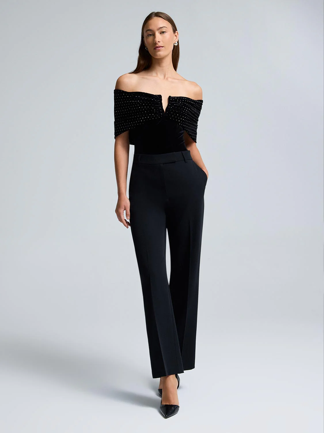 Off-The-Shoulder Rhinestone Velvet Top