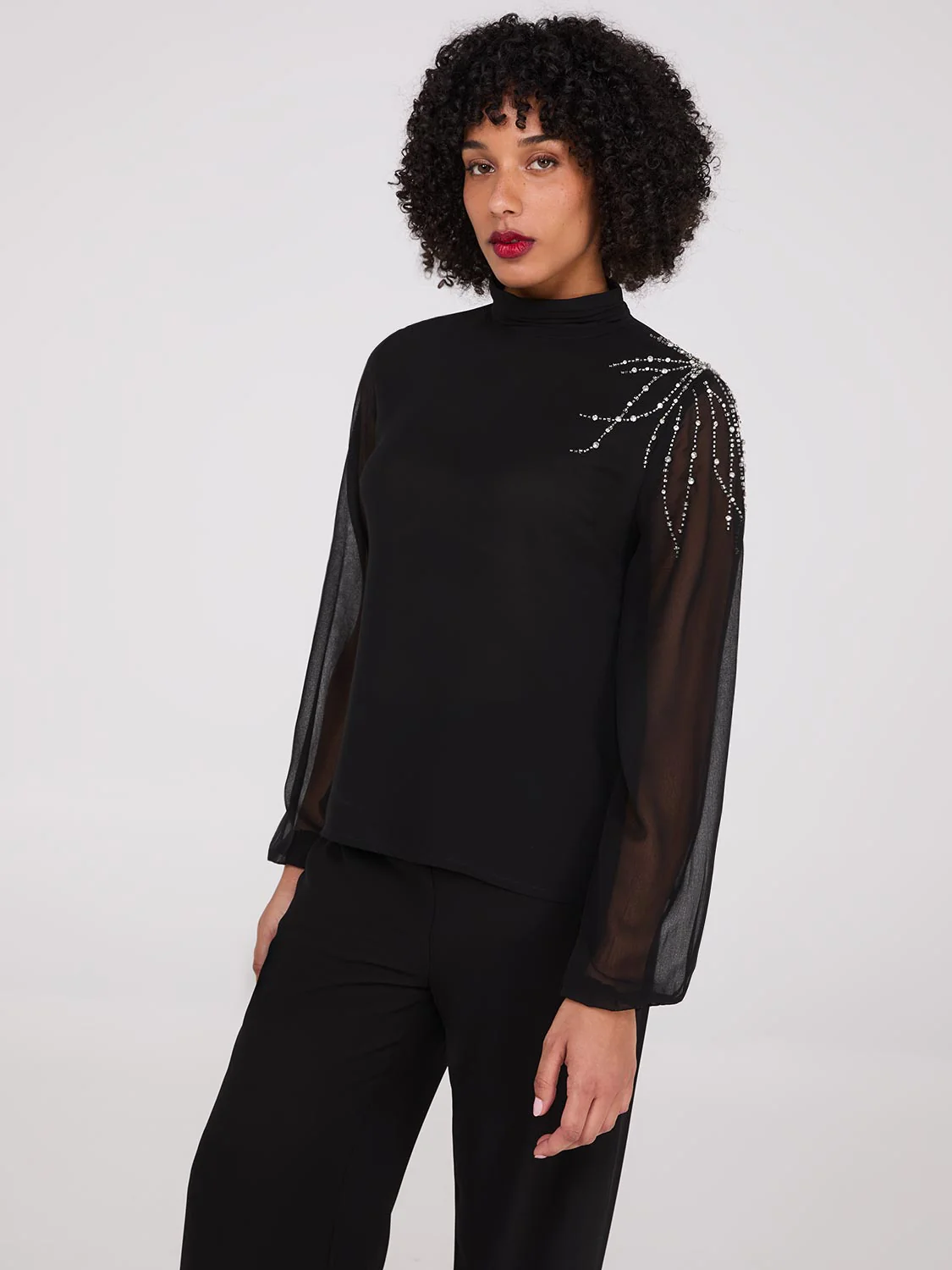 Embellished Pleated Mock Neck Top