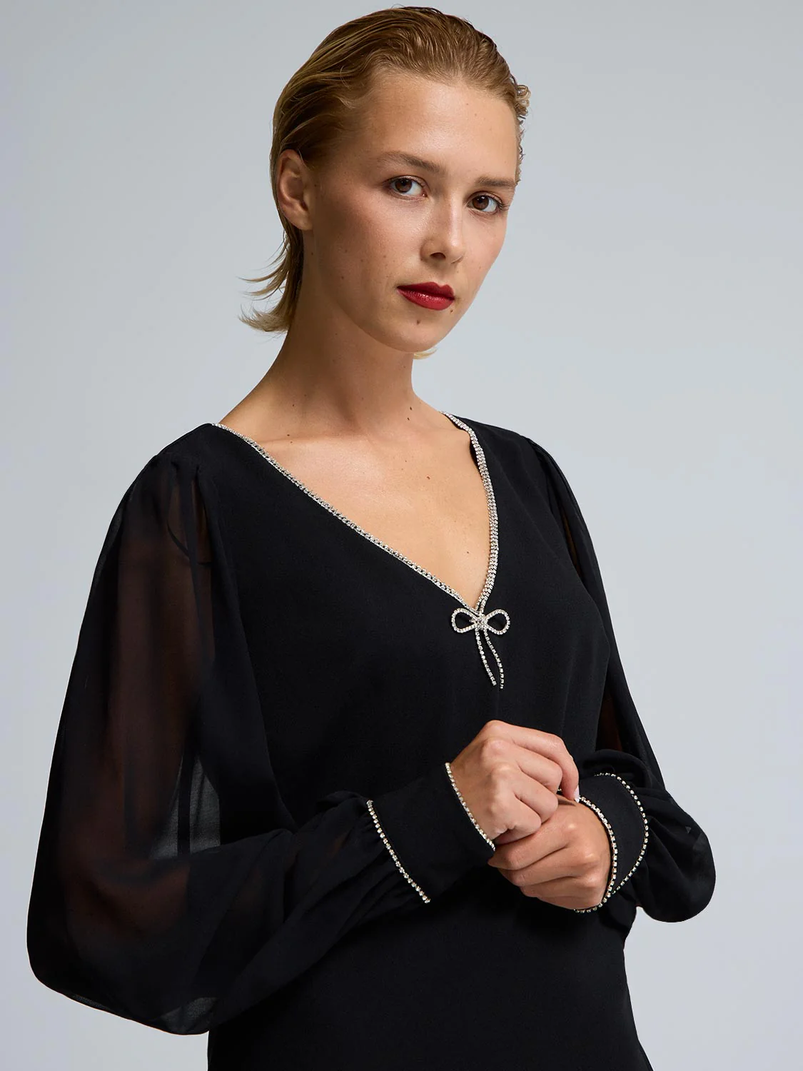 Chiffon Sleeve V-Neck Mini Dress