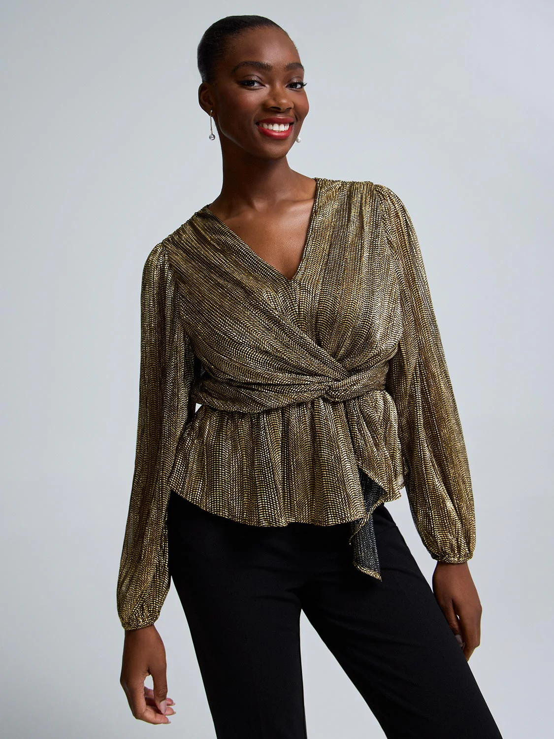 Foil Mesh Sleeve Peplum Top