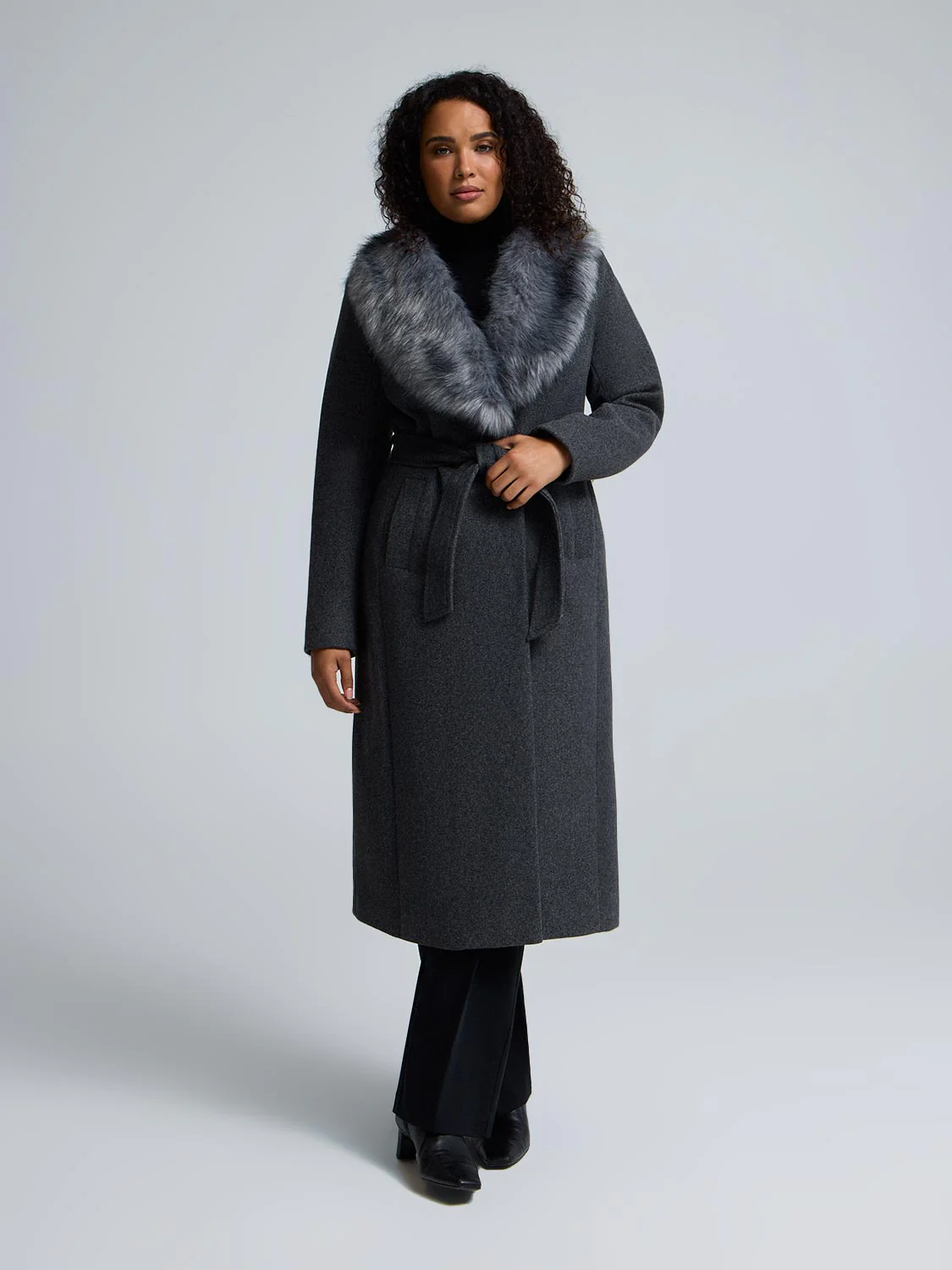 Faux Fur Collar Wrap Coat