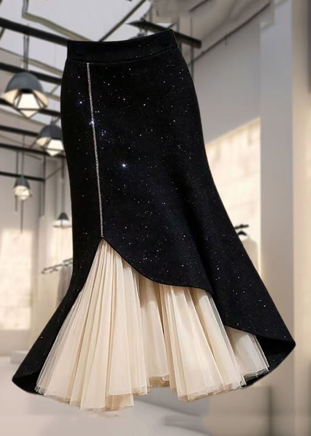 French Black High Waist Chiffon Patchwork Skirt Spring