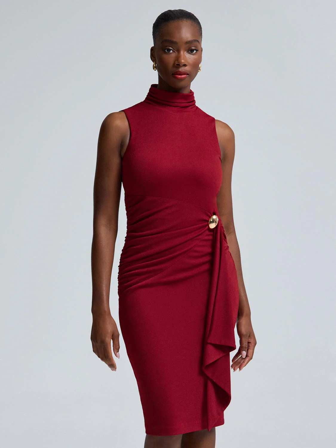 Sleeveless Mock Neck Draped Dress