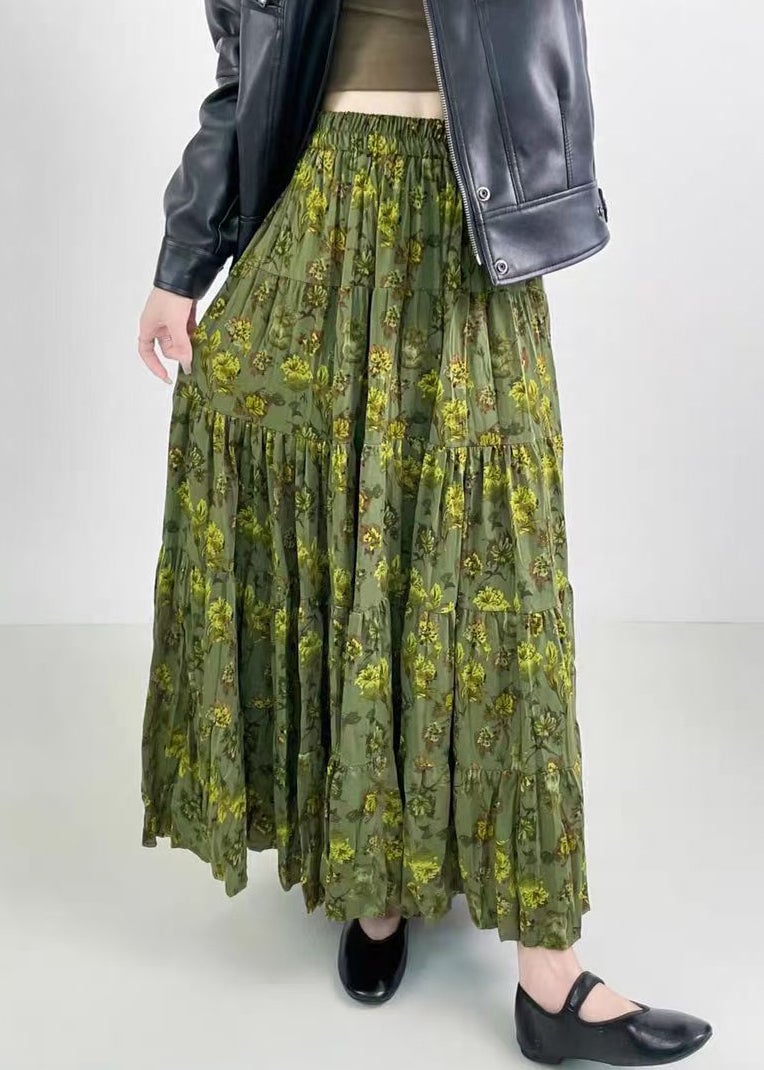 Vintage Green Print Wrinkled Elastic Waist Cotton Skirts Spring