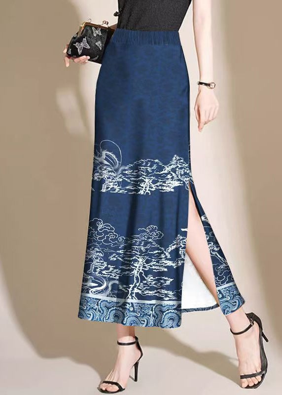 Vintage Navy Print Side Open Cotton Skirt Summer