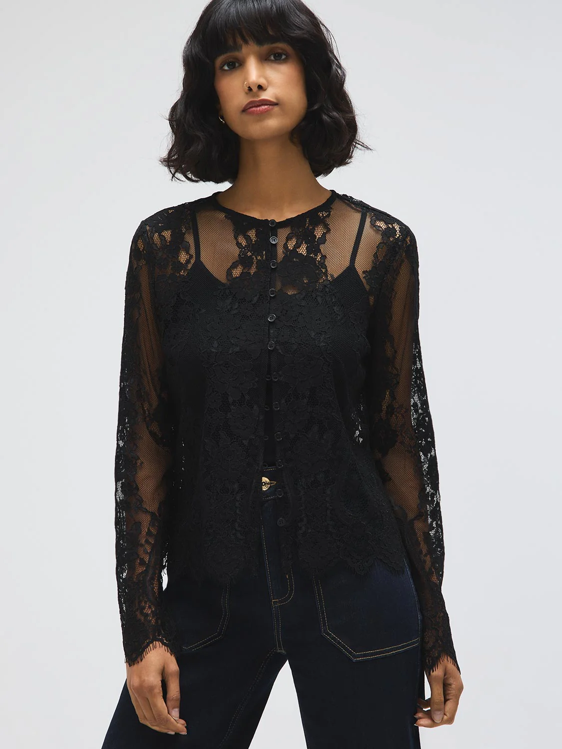 Scallop Lace Button-Front Top
