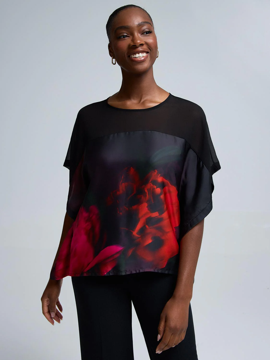 Floral Print Satin-Like Cape Top