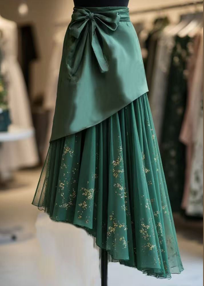Fine Green Lace Up Chiffon Patchwork Skirts Spring