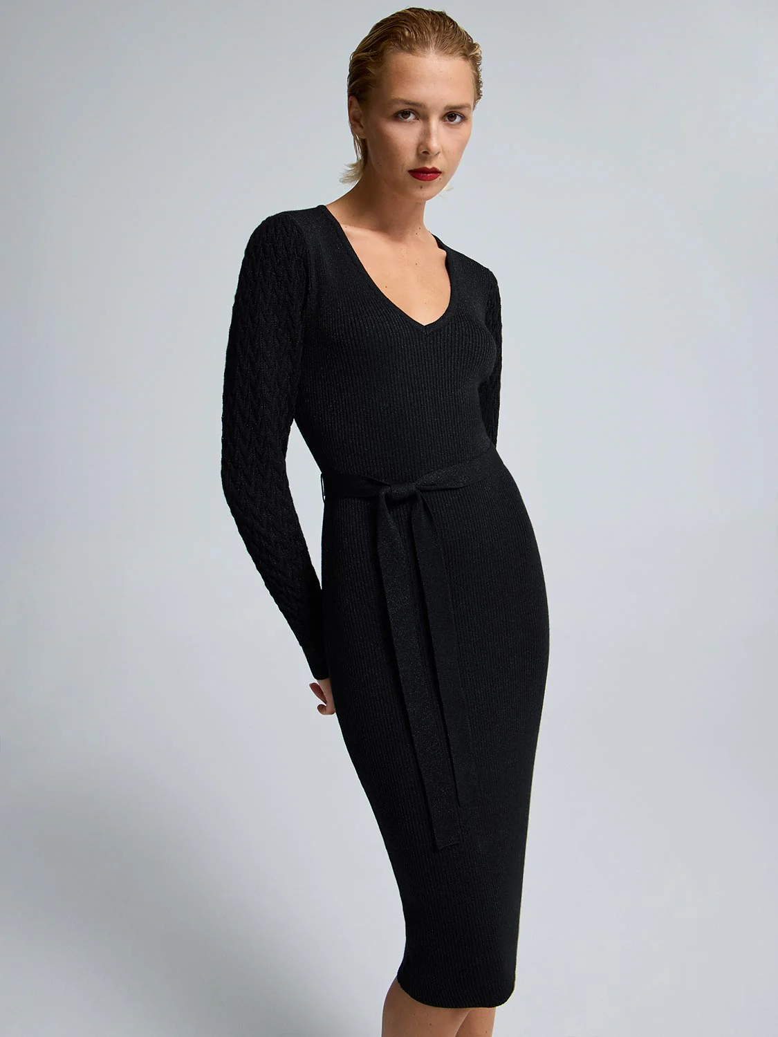 V-Neck Metallic Midi Sweater Dress