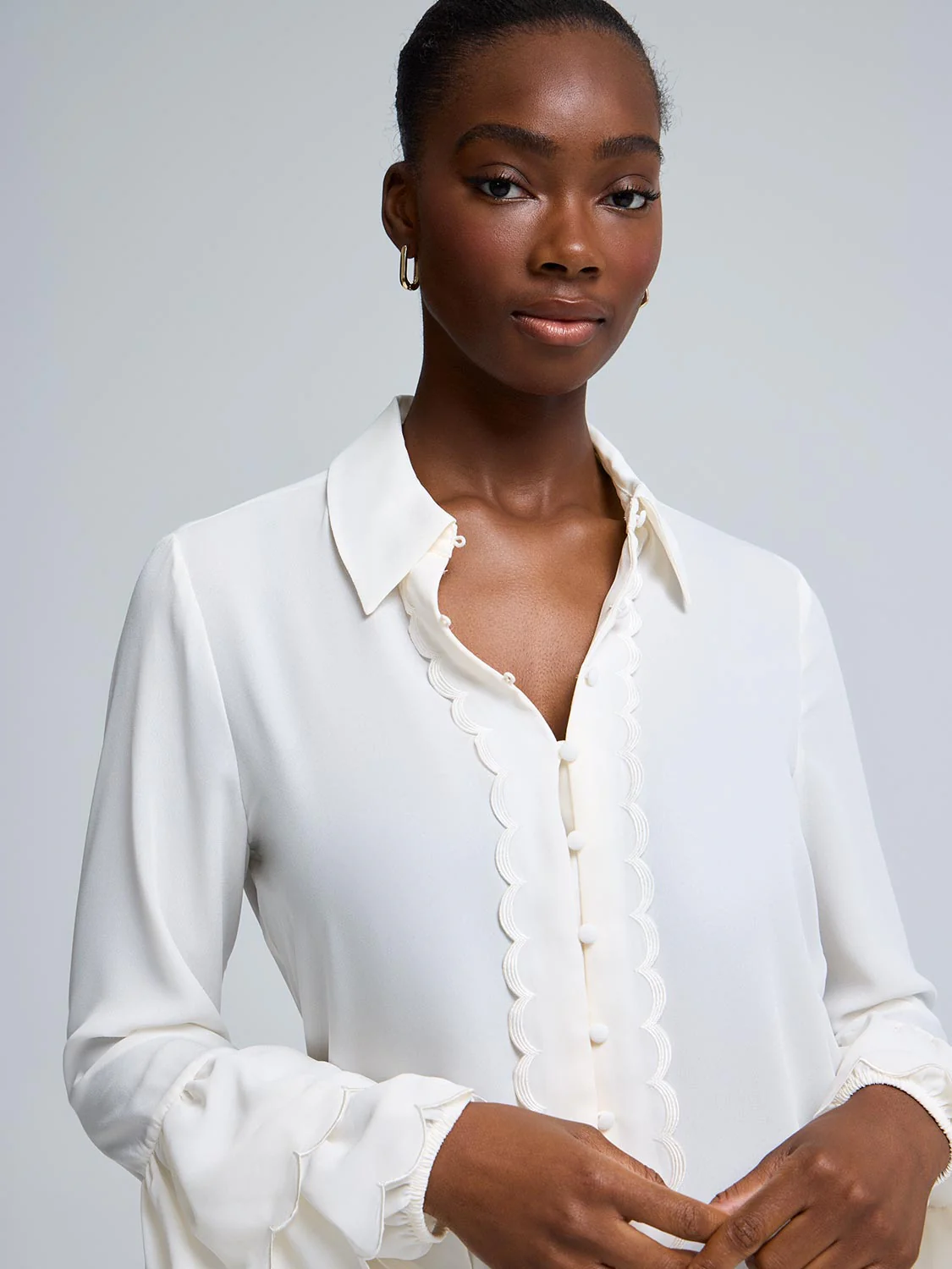 Scallop Detail Button-Front Chiffon Blouse