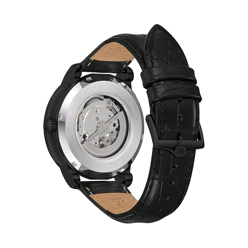 Men's classic three-hand automatic mechanical watch, genuine leather strap, 21 jewels, stop-seconds function, luminous hands and markers, and open case back.