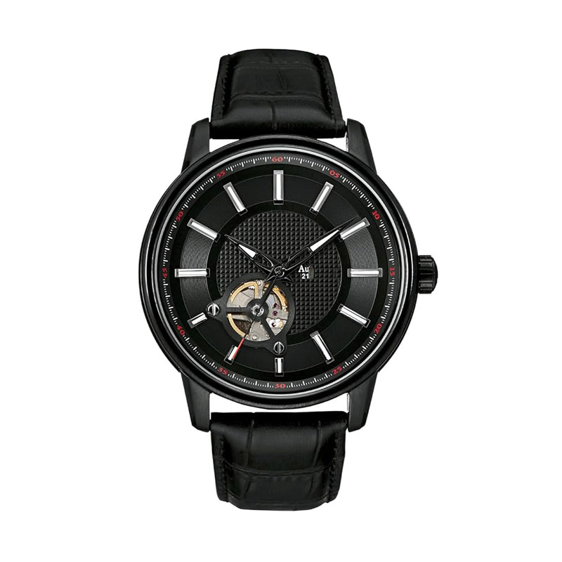 Men's classic three-hand automatic mechanical watch, genuine leather strap, 21 jewels, stop-seconds function, luminous hands and markers, and open case back.