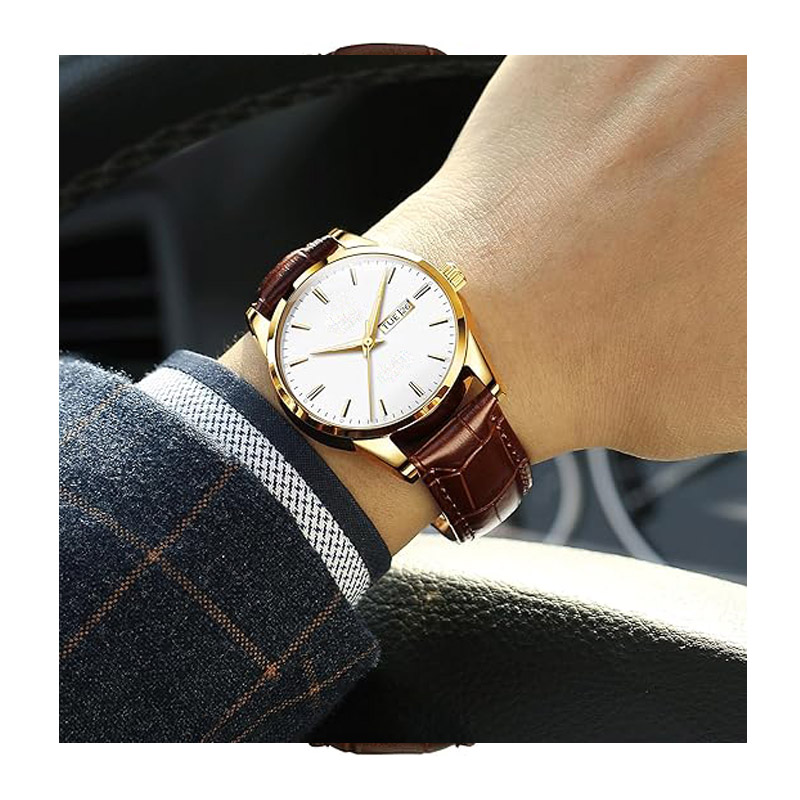 Men's casual leather strap watch, easy-to-read three-hand analog display stainless steel men's watch, simple date display waterproof luminous quartz men's wristwatch.