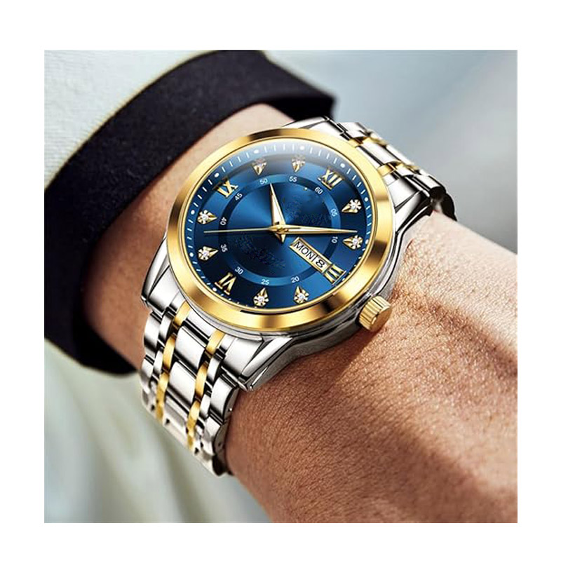 Men's watch, classic business dress quartz watch, stainless steel, waterproof, luminous, date display, diamond accents, men's silver wristwatch.