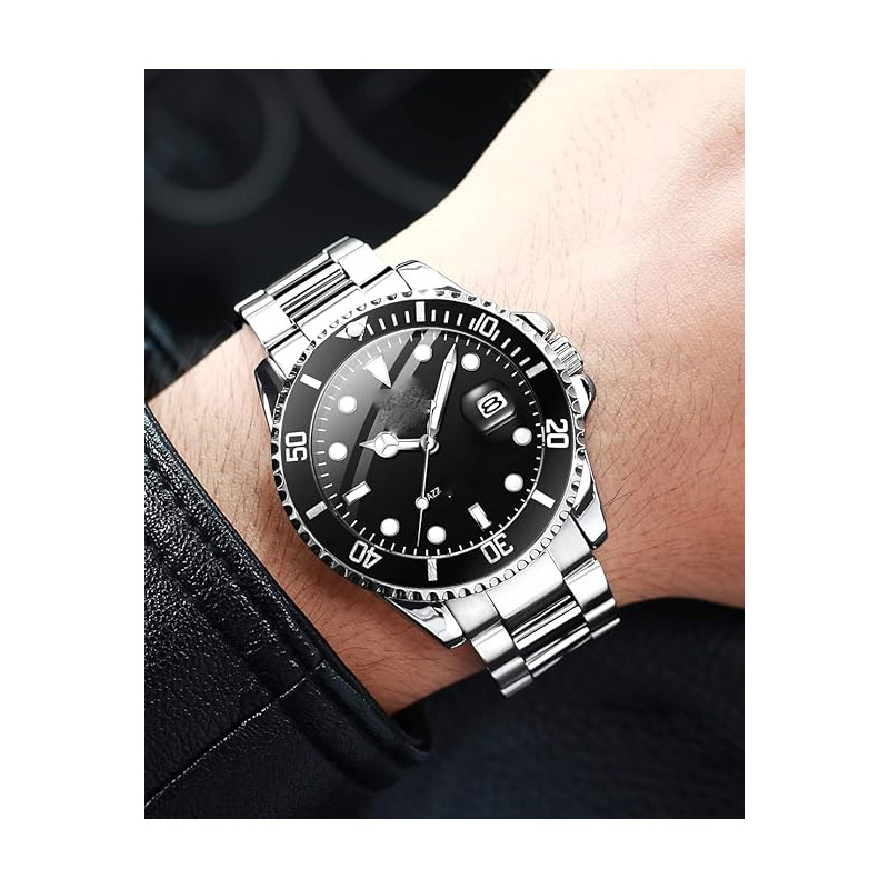 Men's watch with date display, high-quality gold and silver stainless steel analog quartz watch, classic rotating bezel men's wristwatch.