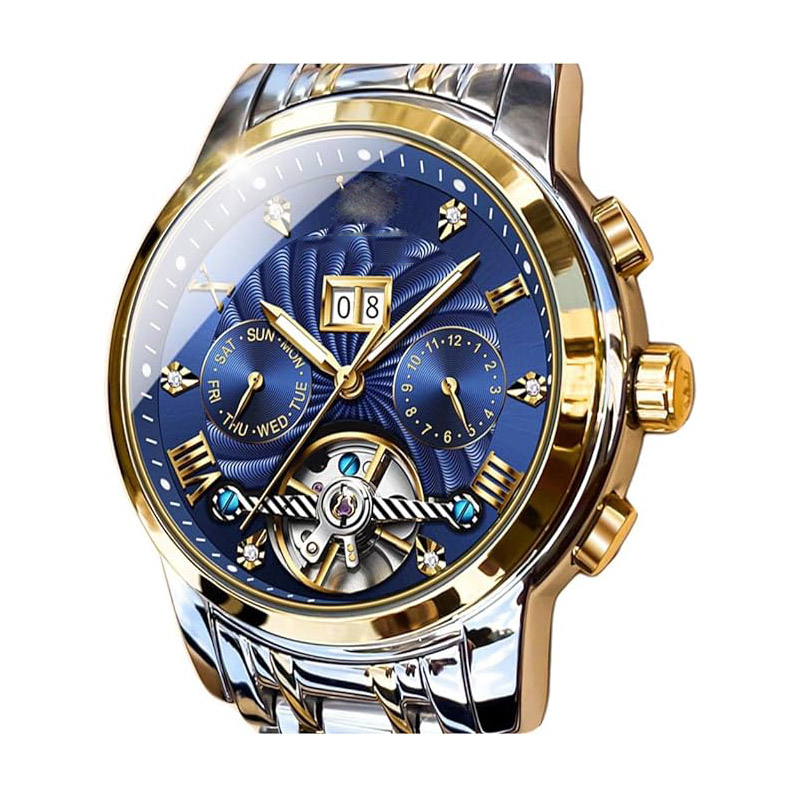 Men's automatic mechanical watch, skeleton design, five hands, classic and luxurious, multi-functional calendar, stainless steel material, waterproof men's wristwatch.