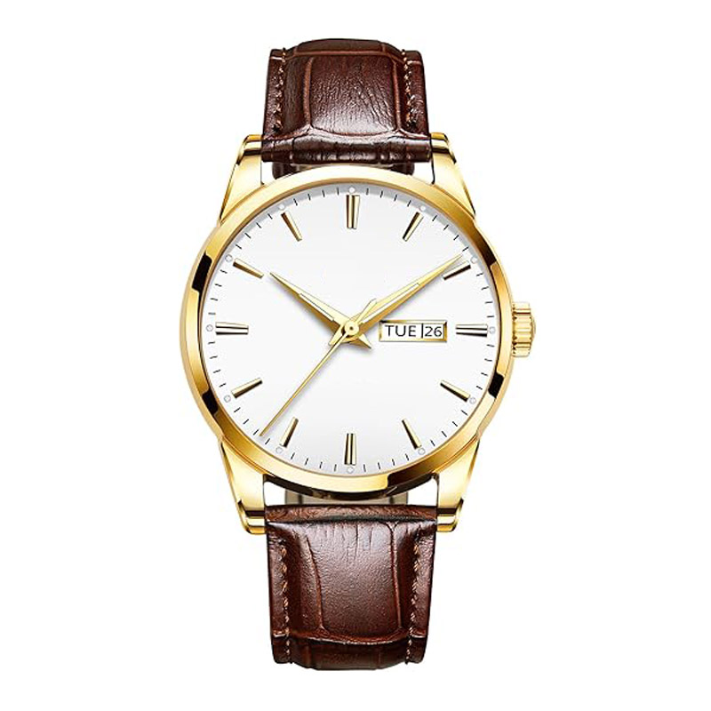 Men's casual leather strap watch, easy-to-read three-hand analog display stainless steel men's watch, simple date display waterproof luminous quartz men's wristwatch.