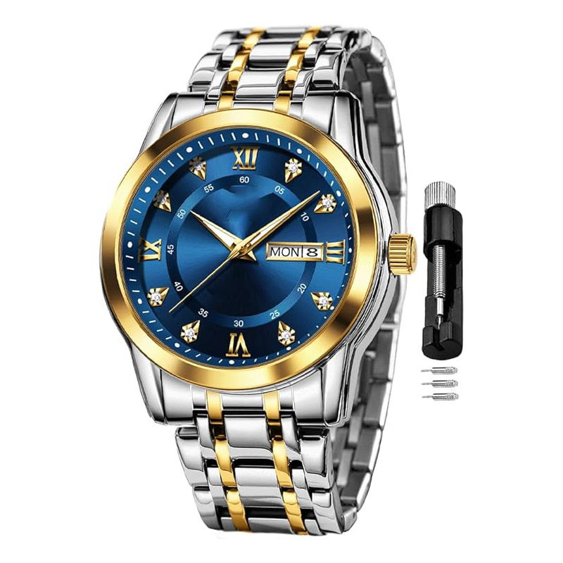 Men's watch, classic business dress quartz watch, stainless steel, waterproof, luminous, date display, diamond accents, men's silver wristwatch.