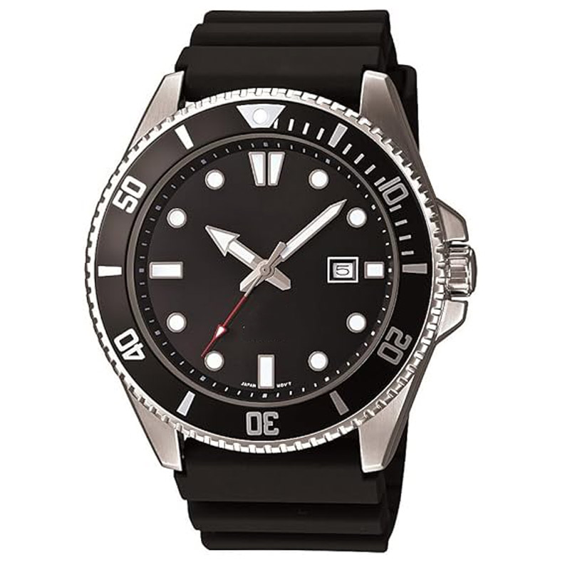 Unisex analog watch | 200-meter water resistance | Stainless steel case | Resin strap | Two-hand analog display (hour, minute, second) | Date display | Screw-down crown/screw-down case back | 3-year battery life