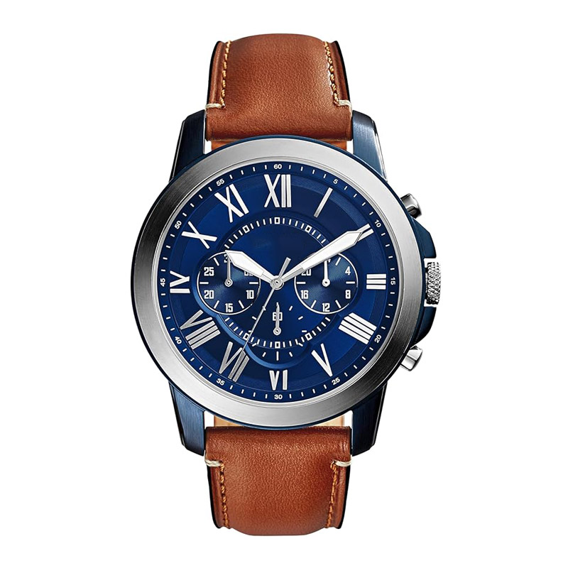 Men's quartz stainless steel leather chronograph watch
