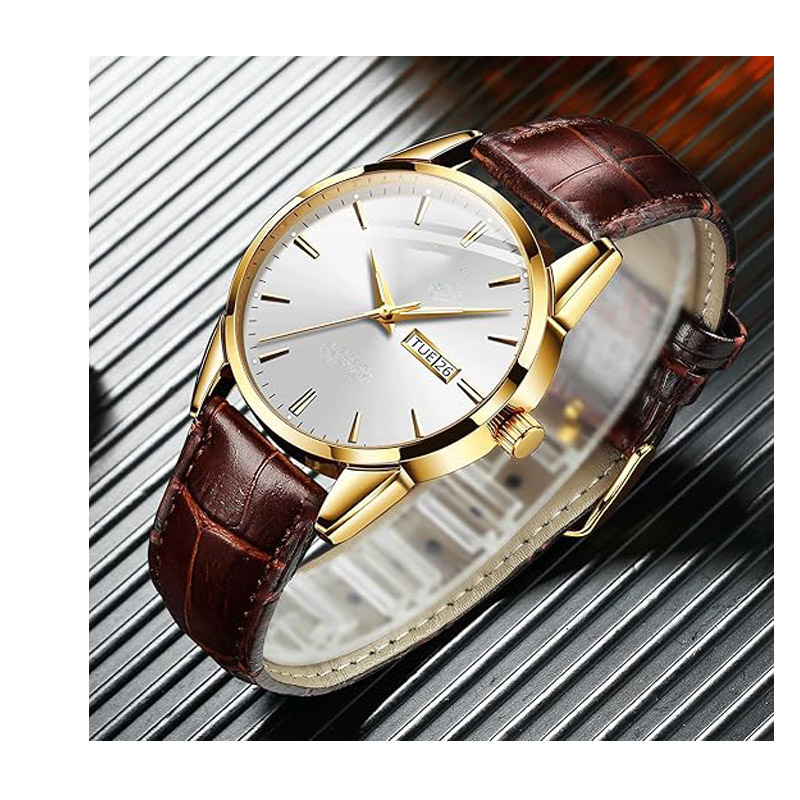Men's casual leather strap watch, easy-to-read three-hand analog display stainless steel men's watch, simple date display waterproof luminous quartz men's wristwatch.