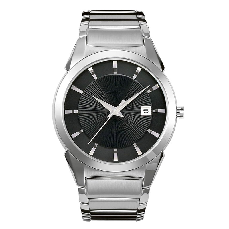 Men's three-hand quartz watch with date function, patterned dial, and 38mm case