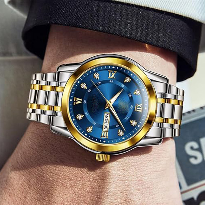 Men's watch, classic business dress quartz watch, stainless steel, waterproof, luminous, date display, diamond accents, men's silver wristwatch.