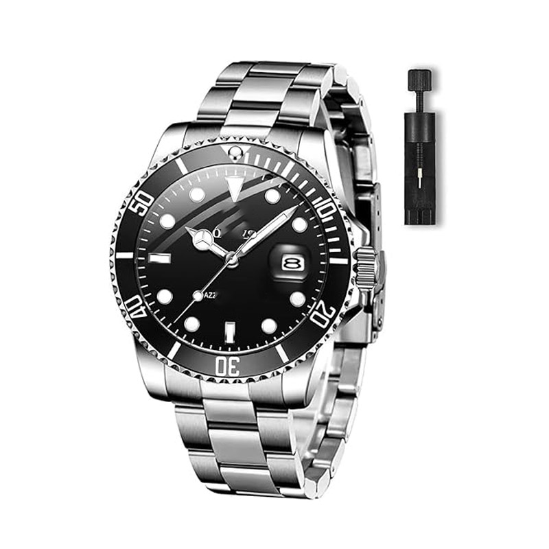 Men's watch with date display, high-quality gold and silver stainless steel analog quartz watch, classic rotating bezel men's wristwatch.