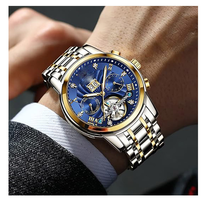 Men's automatic mechanical watch, skeleton design, five hands, classic and luxurious, multi-functional calendar, stainless steel material, waterproof men's wristwatch.