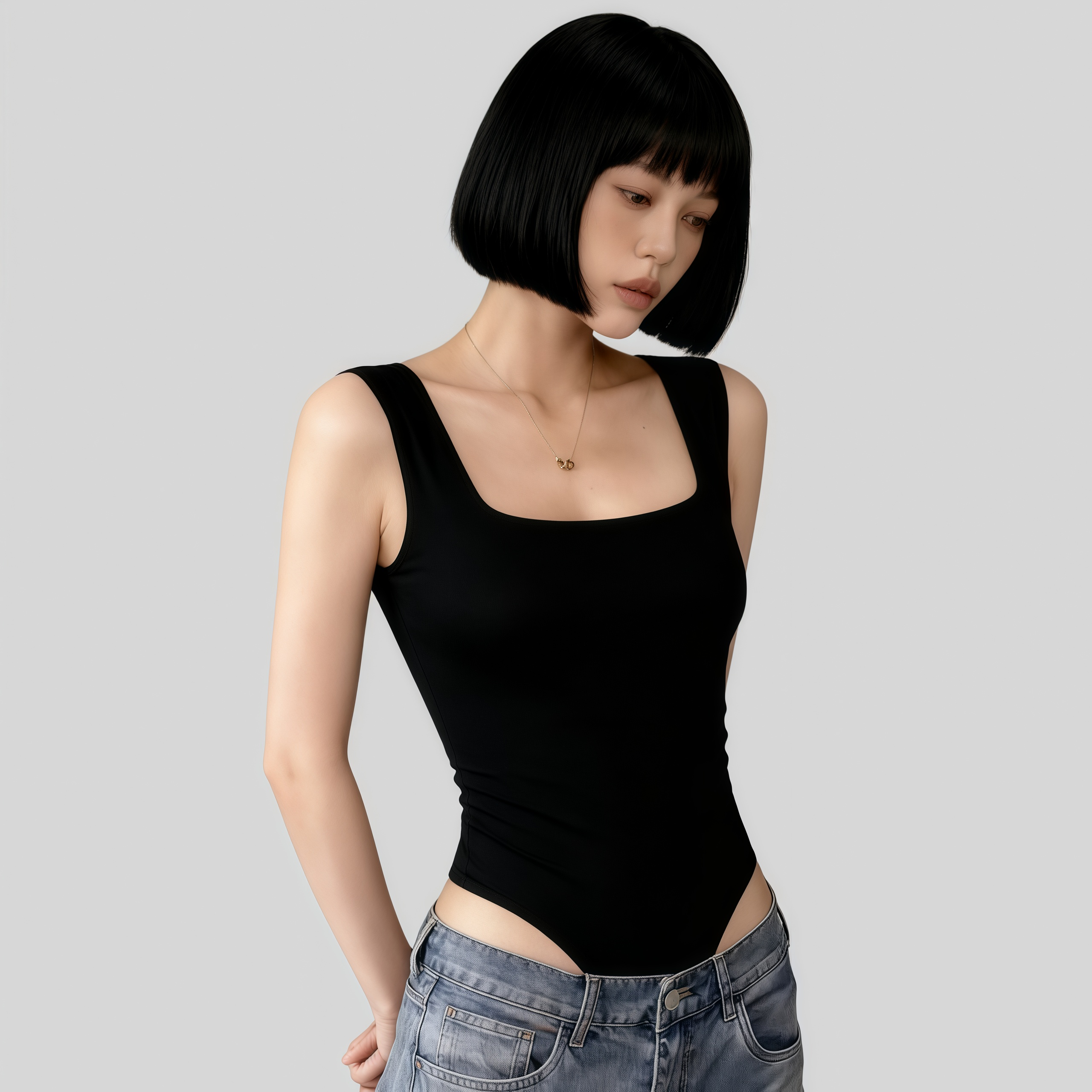 Lousxxy 로브스시 패드내장형 오픈백 스퀘어넥 바디수트 2510