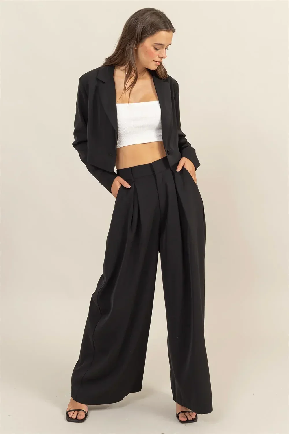 Cropped Blazer & High Rise Wide Leg Two-Piece Set