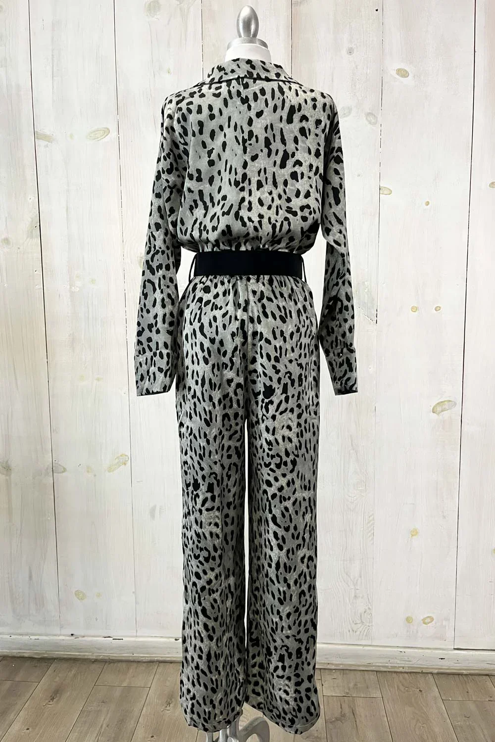 Leopard Print Satin Jumpsuit Long Sleeve Button Front Wide Leg Boutique Jumpsuit